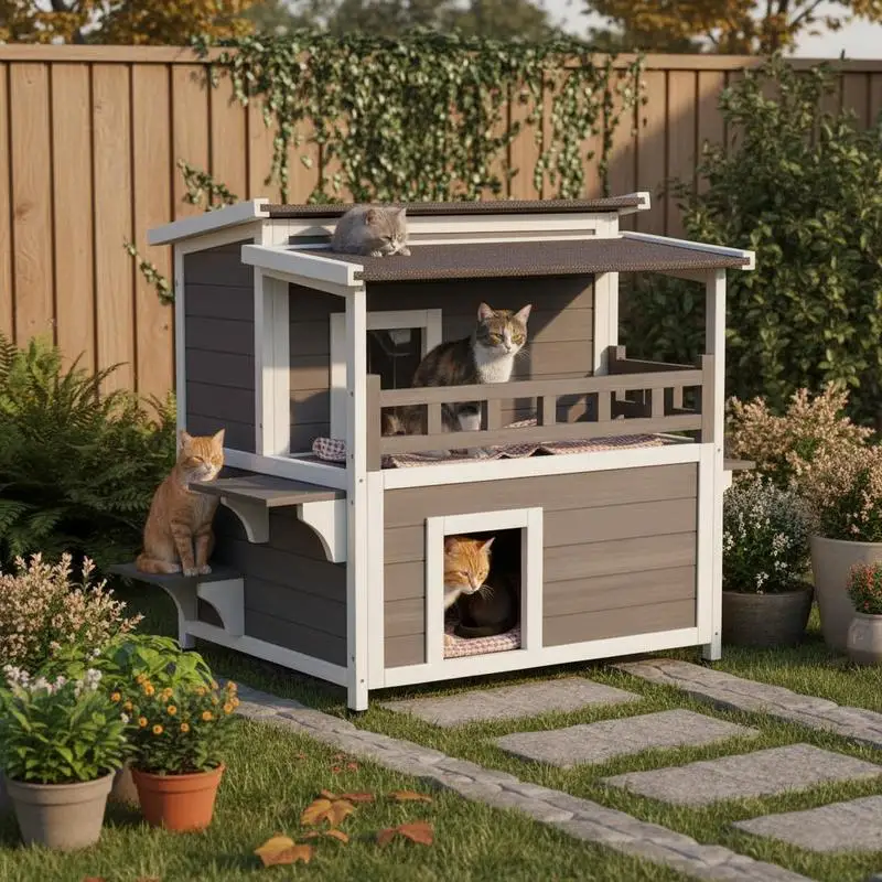 Katzenhaus für draußen, wetterfest, Unterschlupf für Wildkatzen, großes 2-stöckiges Holz-Katzenhaus für den Außenbereich mit Balkon, Türen, PVC-Türklappen und offenem Dach, 76,2 cm L x 76,2 cm B x