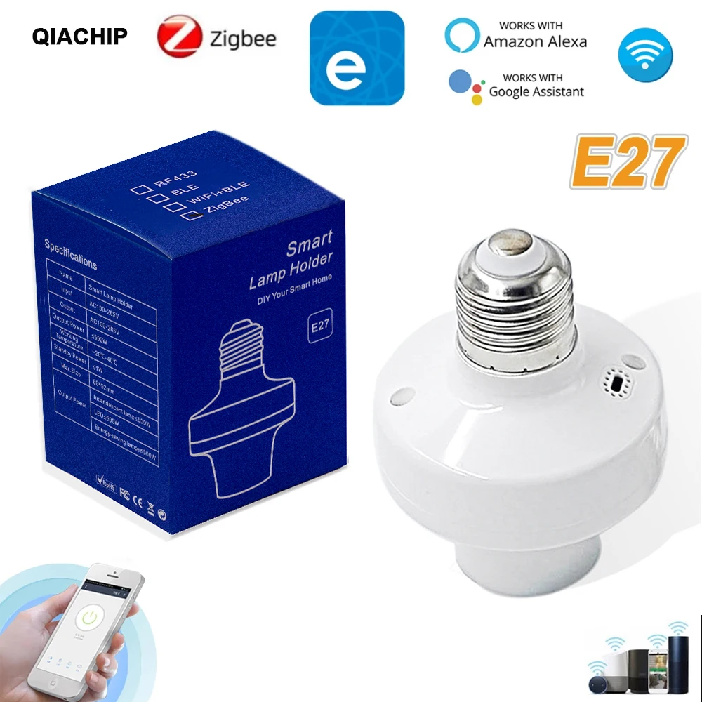 QIACHIP ZigBee Wifi Smart Lamp Holder E27 LED Light Bulbs Adapter Light Socket Via eWelink App Voice Control Alexa Google Home