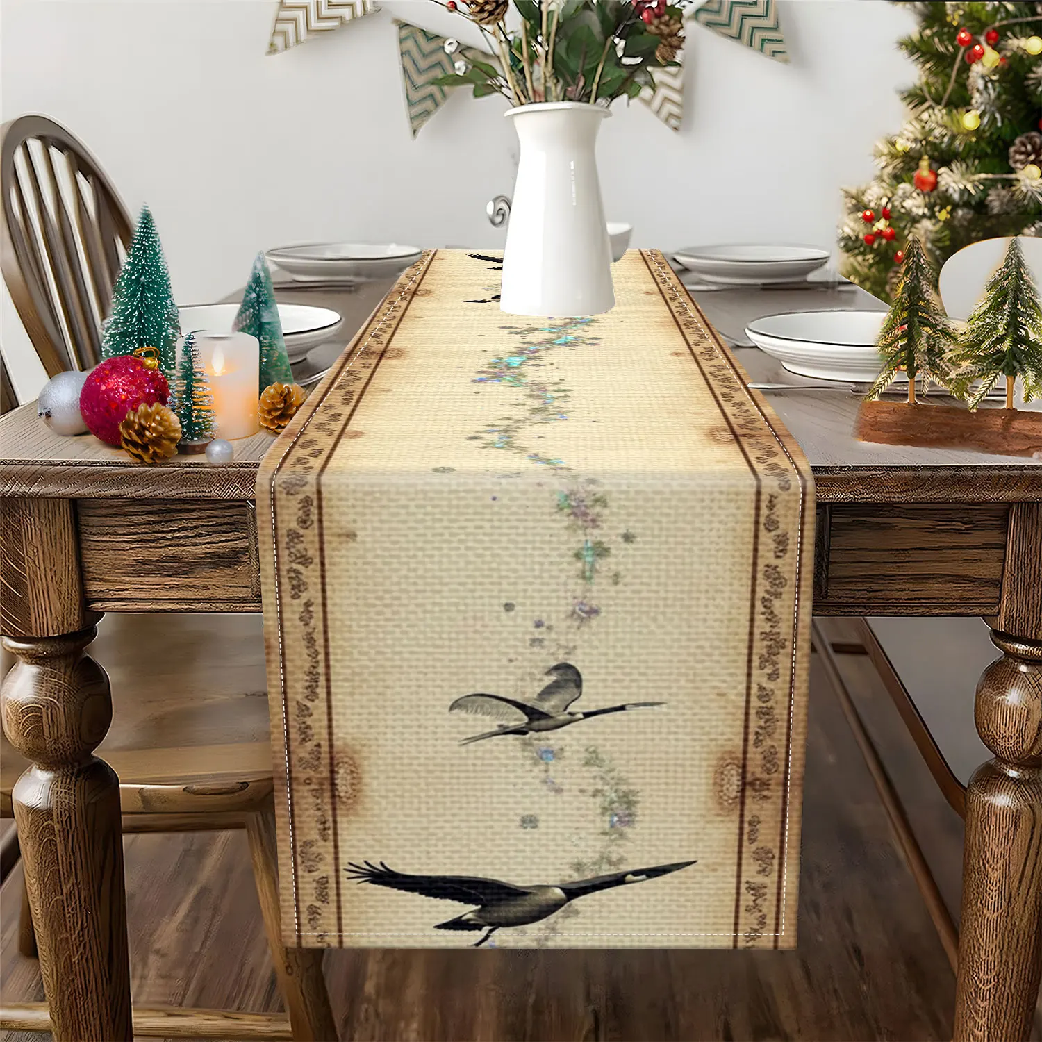 1 Piece of Retro-Style Table Runner with a Bird Theme, Featuring Birds and Routes as the Main Motifs, Suitable for Home Decoration, Retro-Themed Parties, Etc