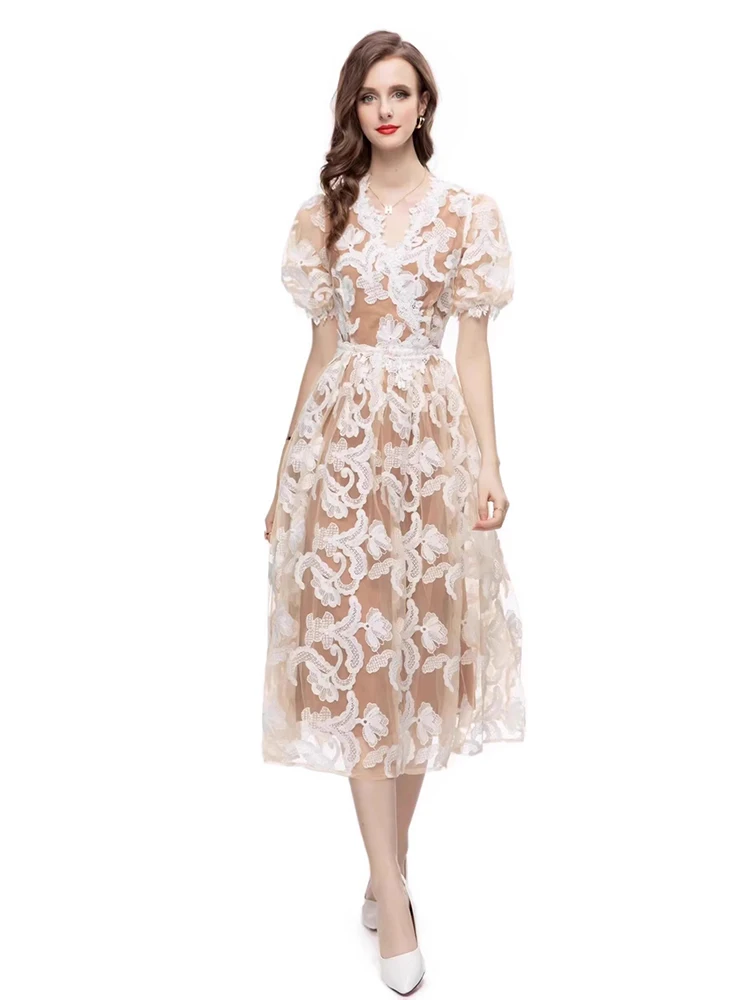

Elegant Embroidery Lace Mesh Dresses Spring Women Puff Sleeve V-neck Big Swing Dress Summer High Waist Zipper Knee Length Dress