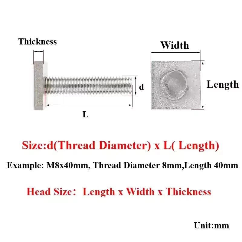 304 Stainless Steel T Head Bolt Rectangle Hammer Head Guide Rail Screw M6 M8 M10 Custom Welding Fastener For Aluminum Profile