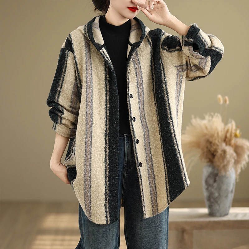 

SuperAen Korean Style Retro Striped Hooded Woolen Coat Women's Autumn and Winter New Long-sleeved Thick Loose Coats