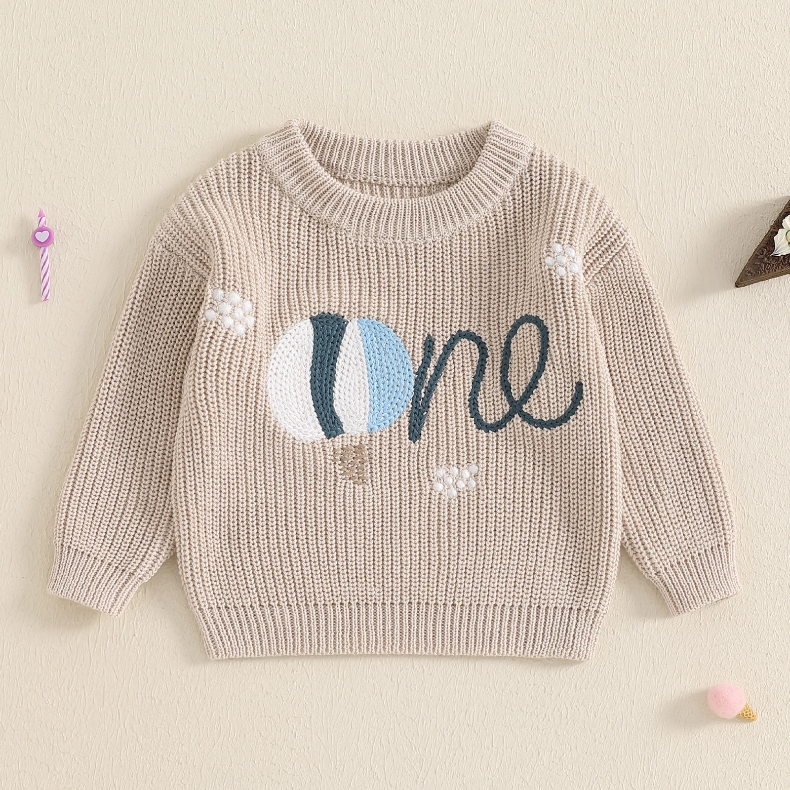 Winter Newborn Boy Birthday Sweater Casual Letter Embroidery Warm Knitted Long Sleeve Pullover Sweaters Knitwear for Toddler