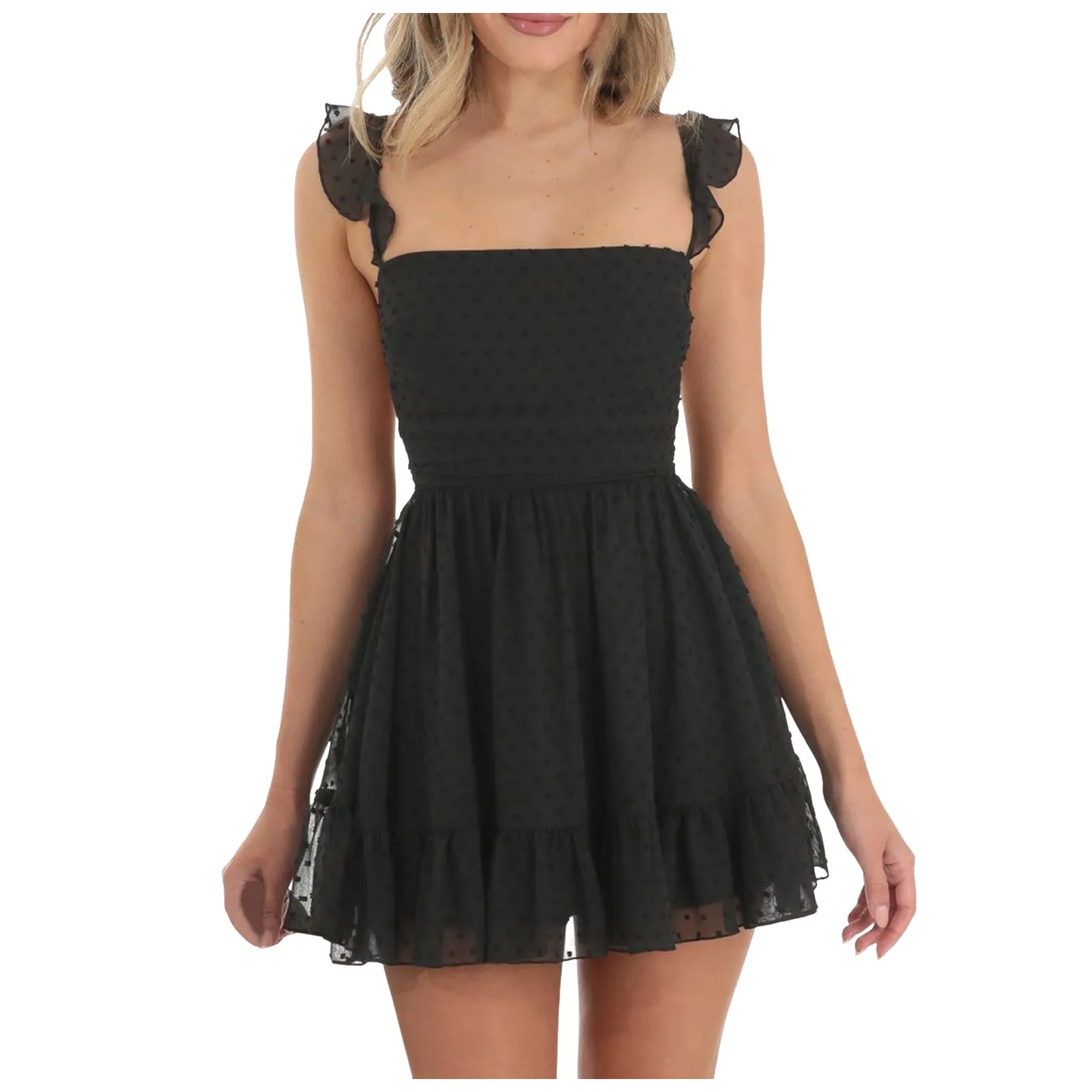 Minivestido de tirantes finos para mujer, Vestido corto sin mangas de corte bajo, Espalda descubierta, ropa de playa con volantes, vestidos largos de verano