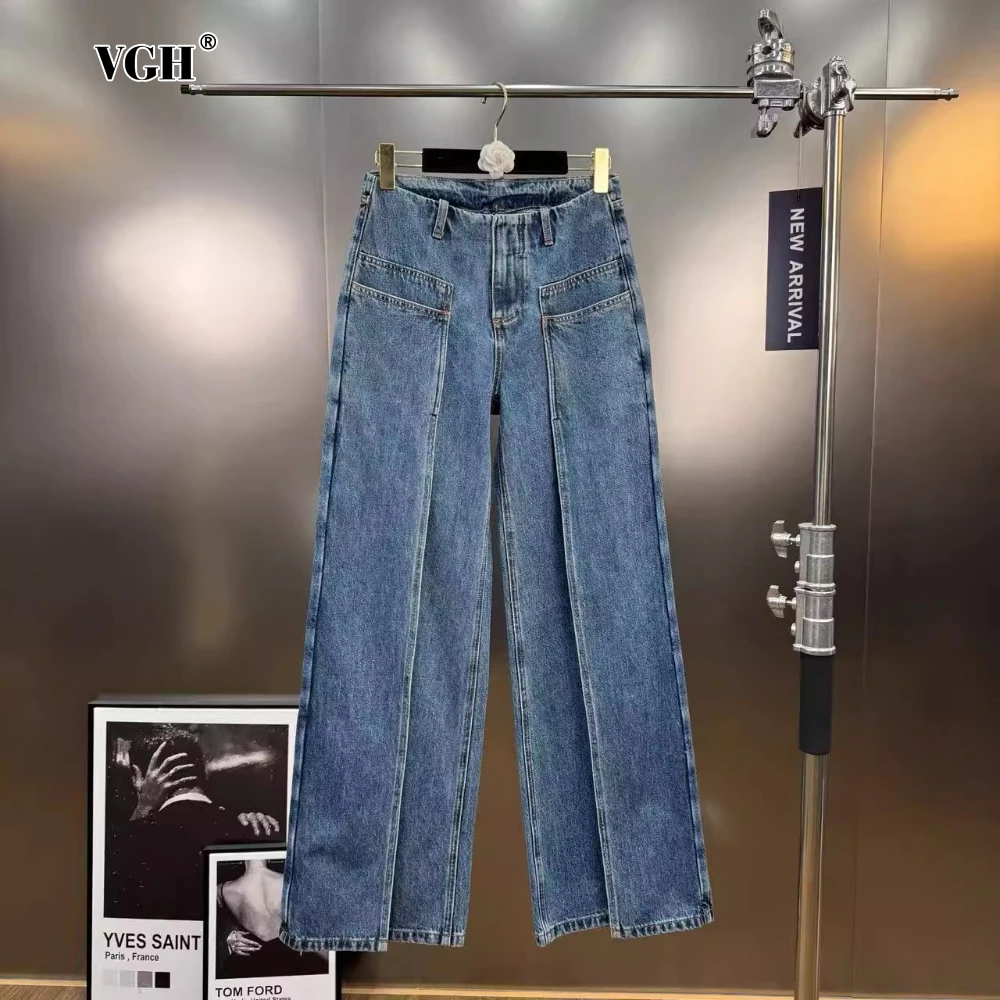 

VGH Fashionable Pleated Jeans for Women High Waist Spliced Buttons Temperament Casual Wide Leg Pants Female Autumn New Clothing