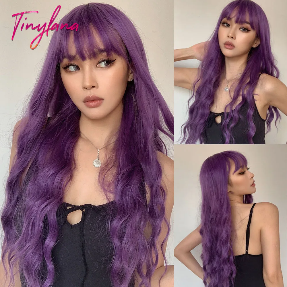 Perruque synthétique longue ondulée violette avec frange pour femmes noires, Cosplay, fête de noël, Halloween, perruques, cheveux naturels quotidiens