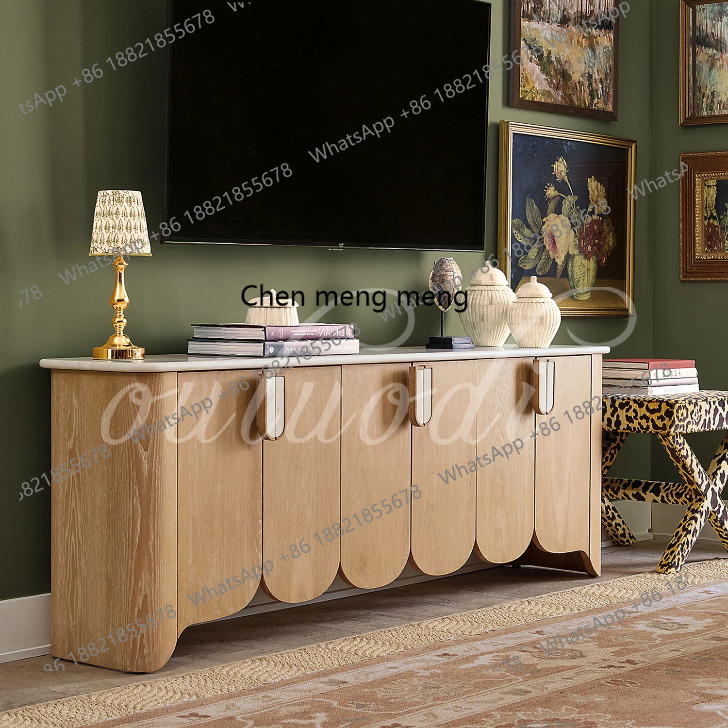 

French retro solid wood marble dining side cabinet living room decorative cabinet wall locker