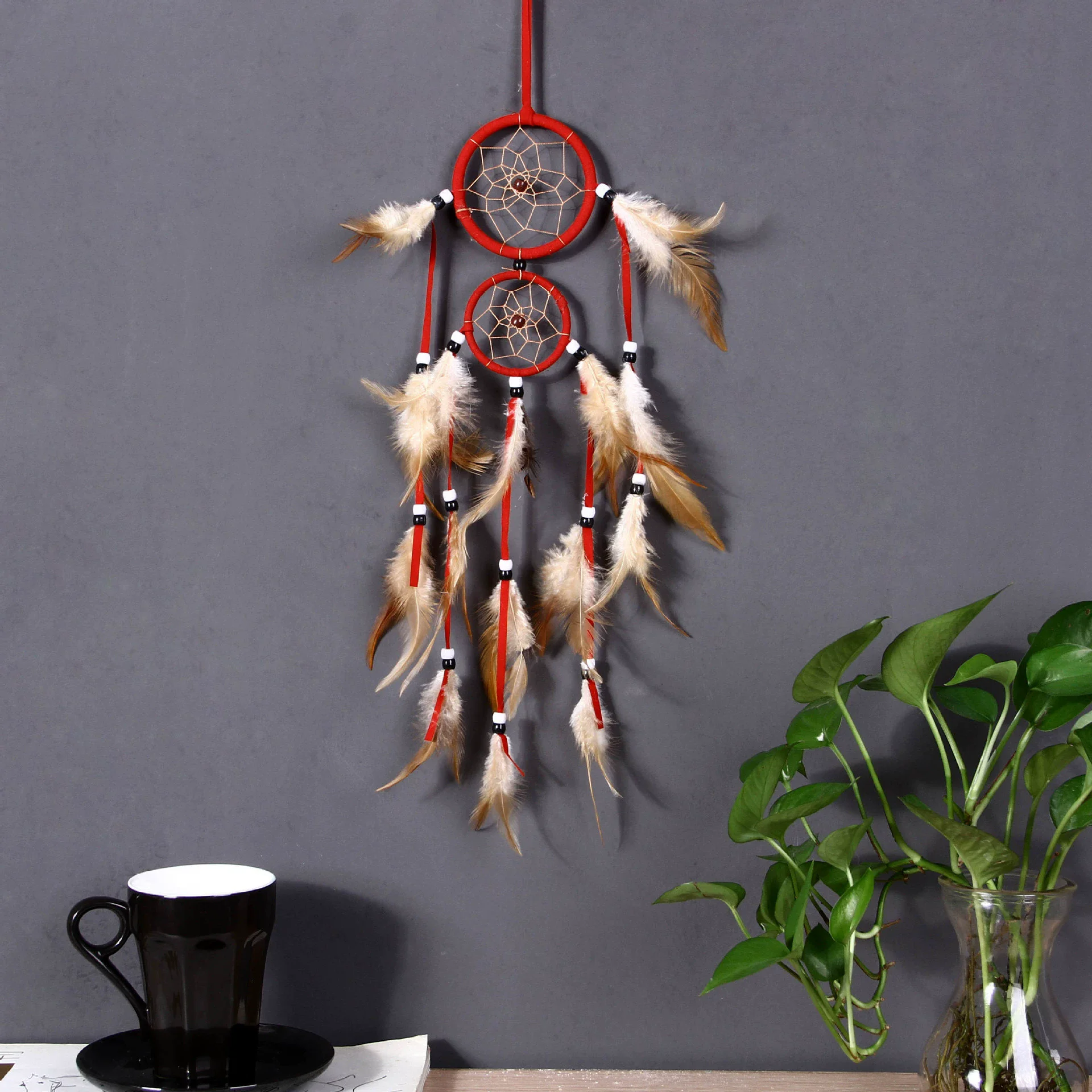 Atrapasueños indio con plumas marrones, atrapasueños colgante de pared, accesorios de dormitorio, carillón de viento, atrapasueños, 1 ud.