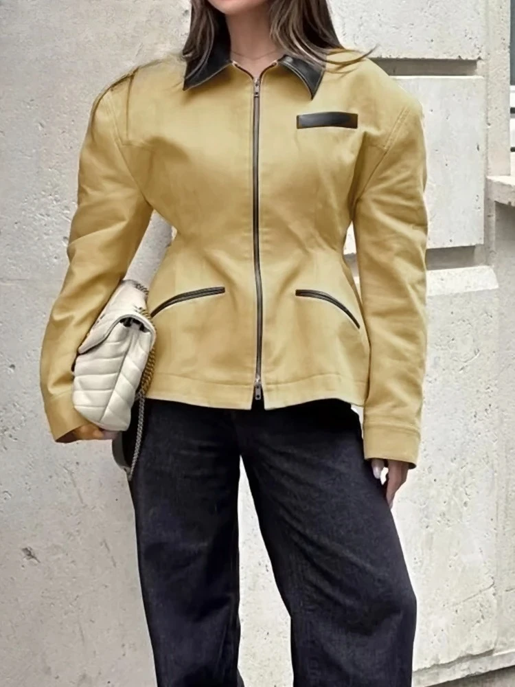 

Patchwork Zipper Slim Jacket Female Casual Outerwear 2025 Autumn Elegant Women Coat Wrist Sleeve