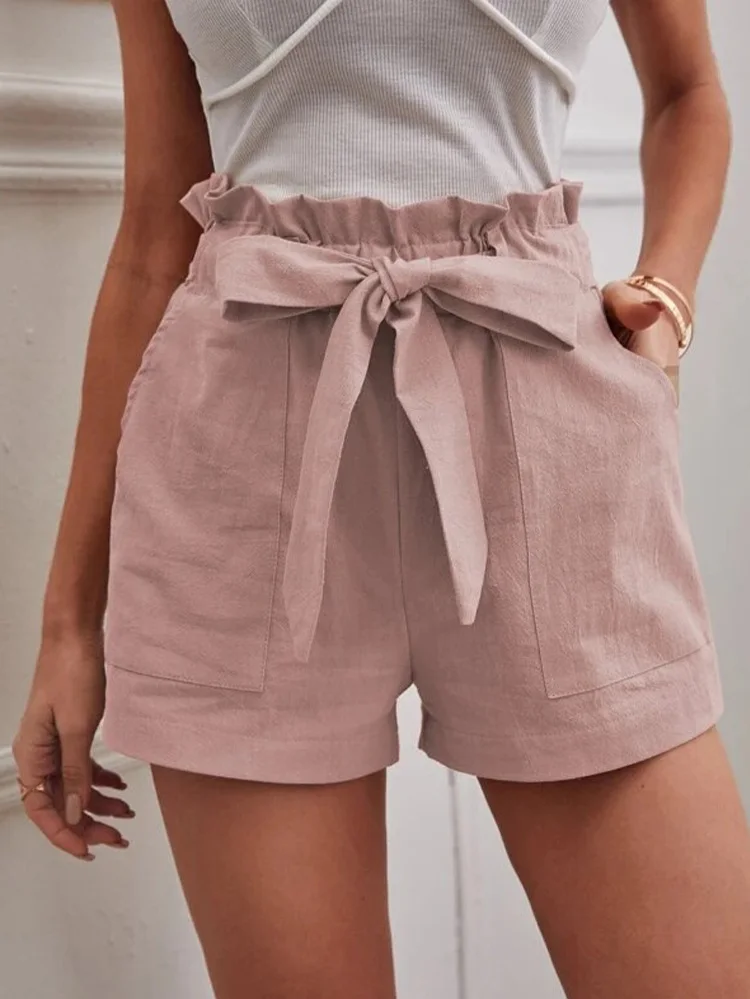 Stylish Solid Color White Shorts Women Pocket Drawstring Casual short Pants Summer Daily Pants