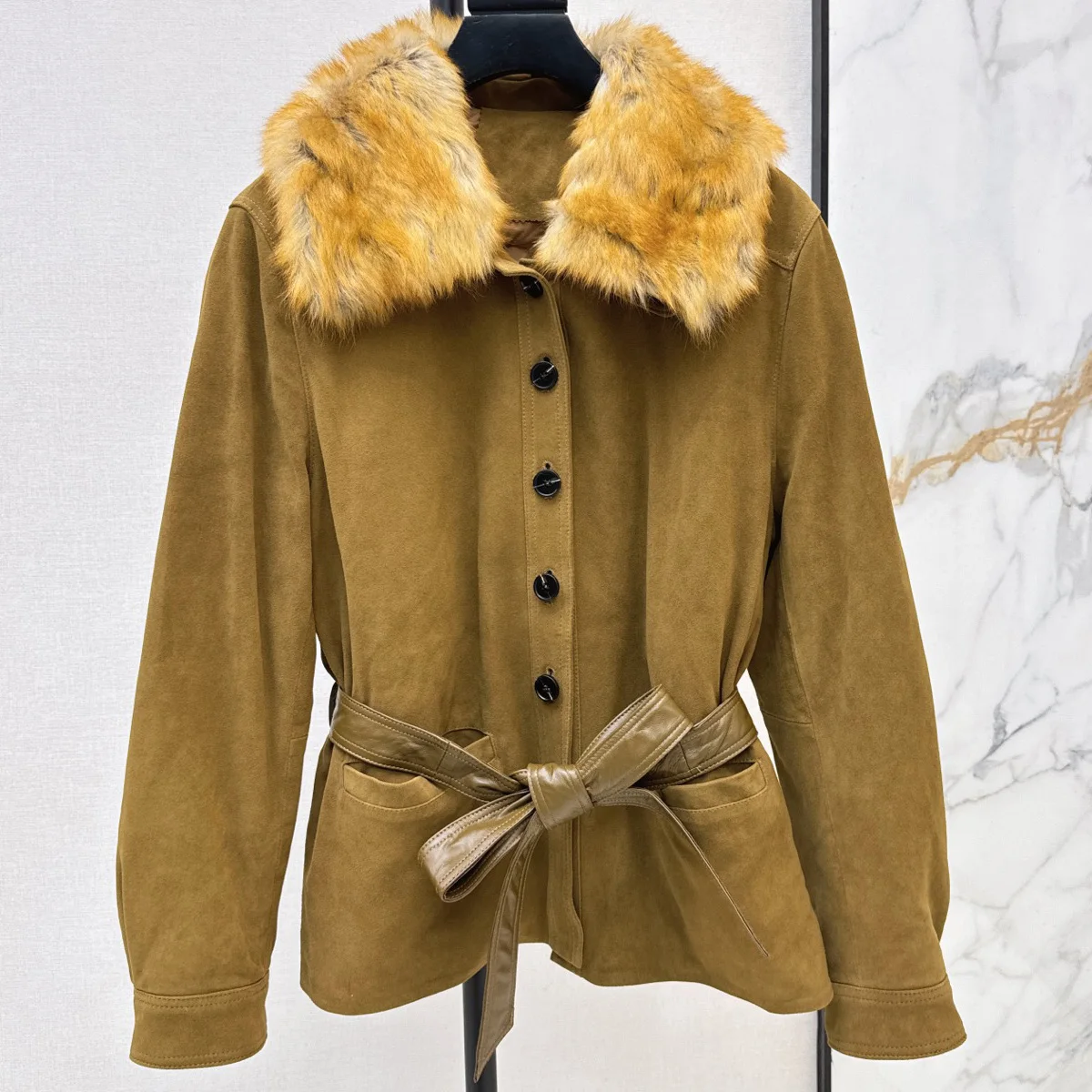 High Quality Women Lapel Collar Short Jacket, Belted Waist Long Sleeve Outerwear lyt261016192