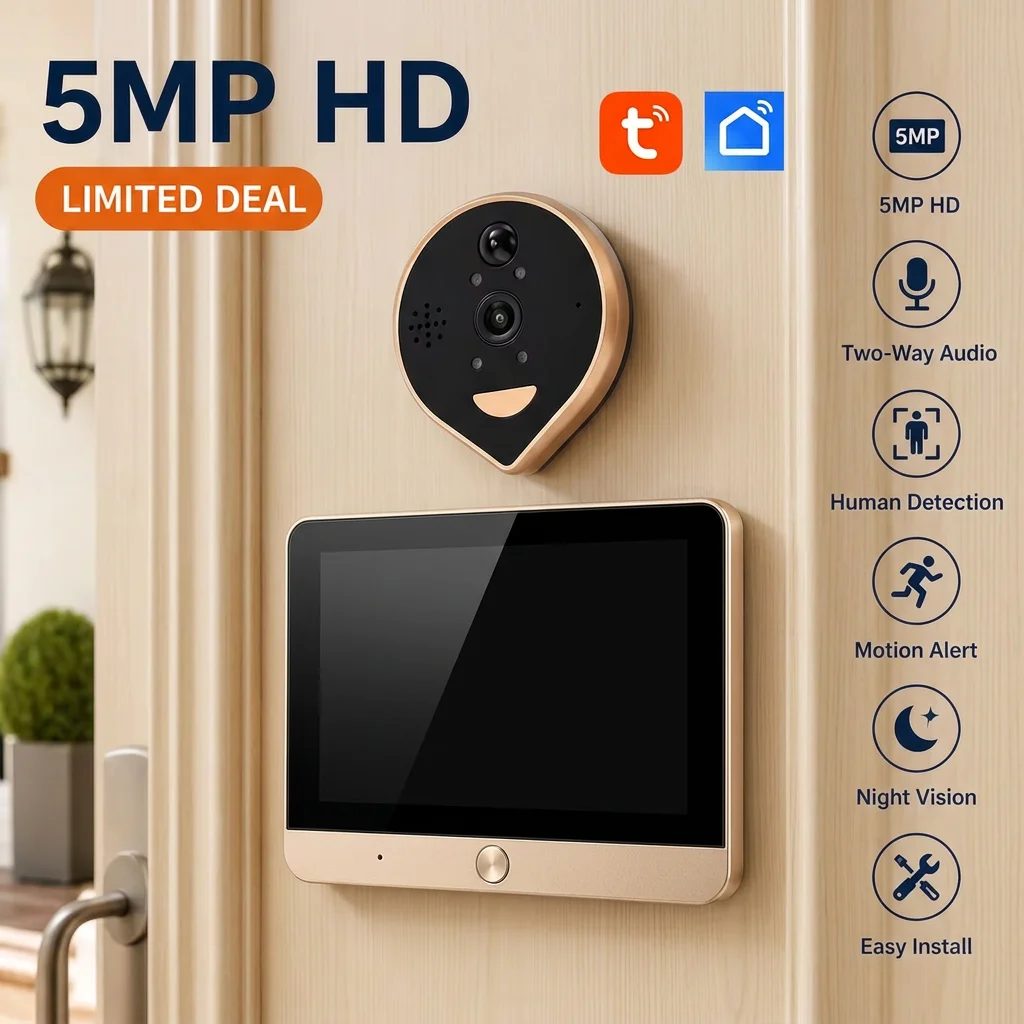 Mini Digital Peephole Viewer with Tuya 5mp 5inch Screen 940nm IR Microwave Radar Motion Detection Door Camera 10000mah Battery
