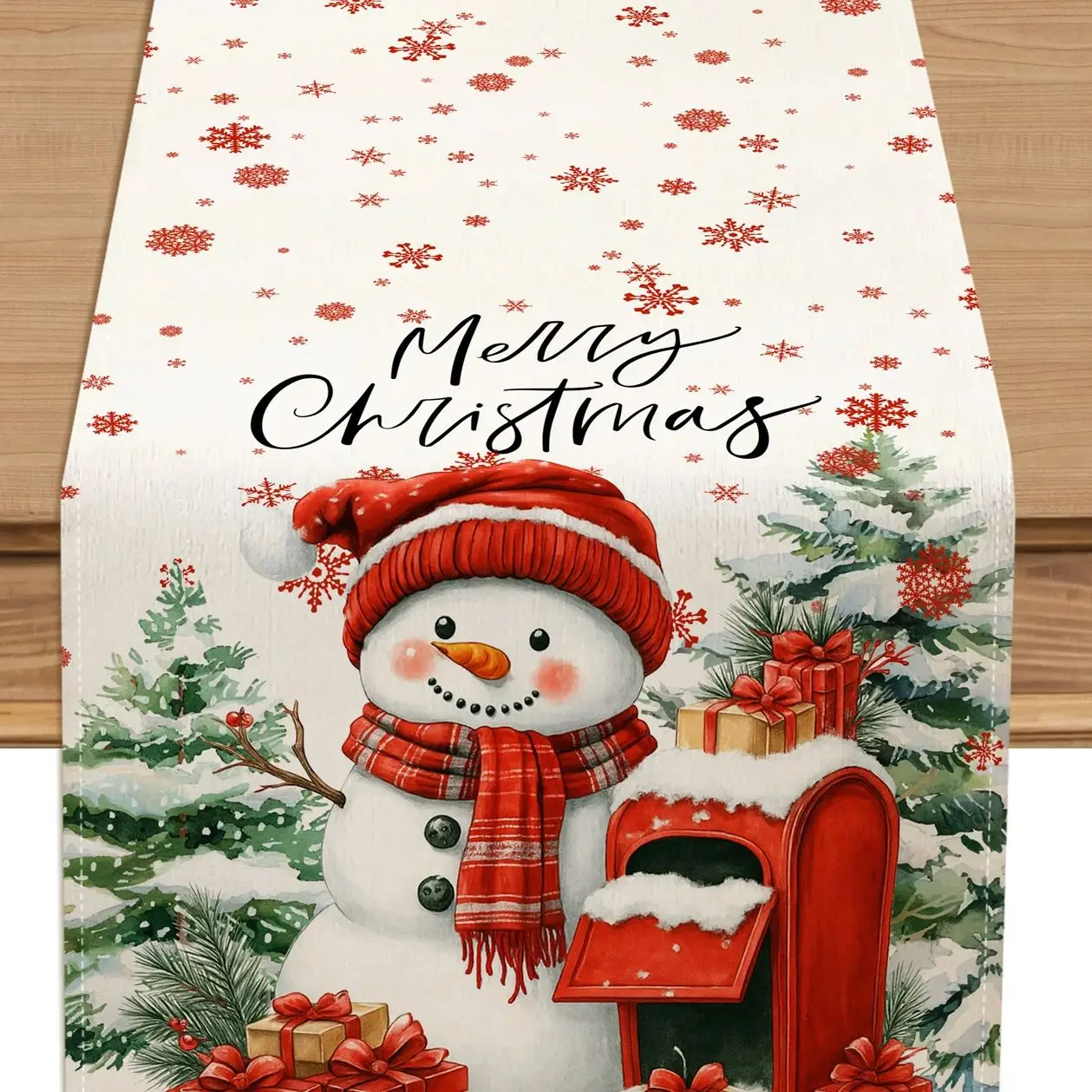 مفرش طاولة عيد الميلاد - مطبوع مسطح، يتميز ندفة الثلج، رجل الثلج، شجرة الثلج والصنوبر، مثالي لهدايا عيد الميلاد المجيد #3