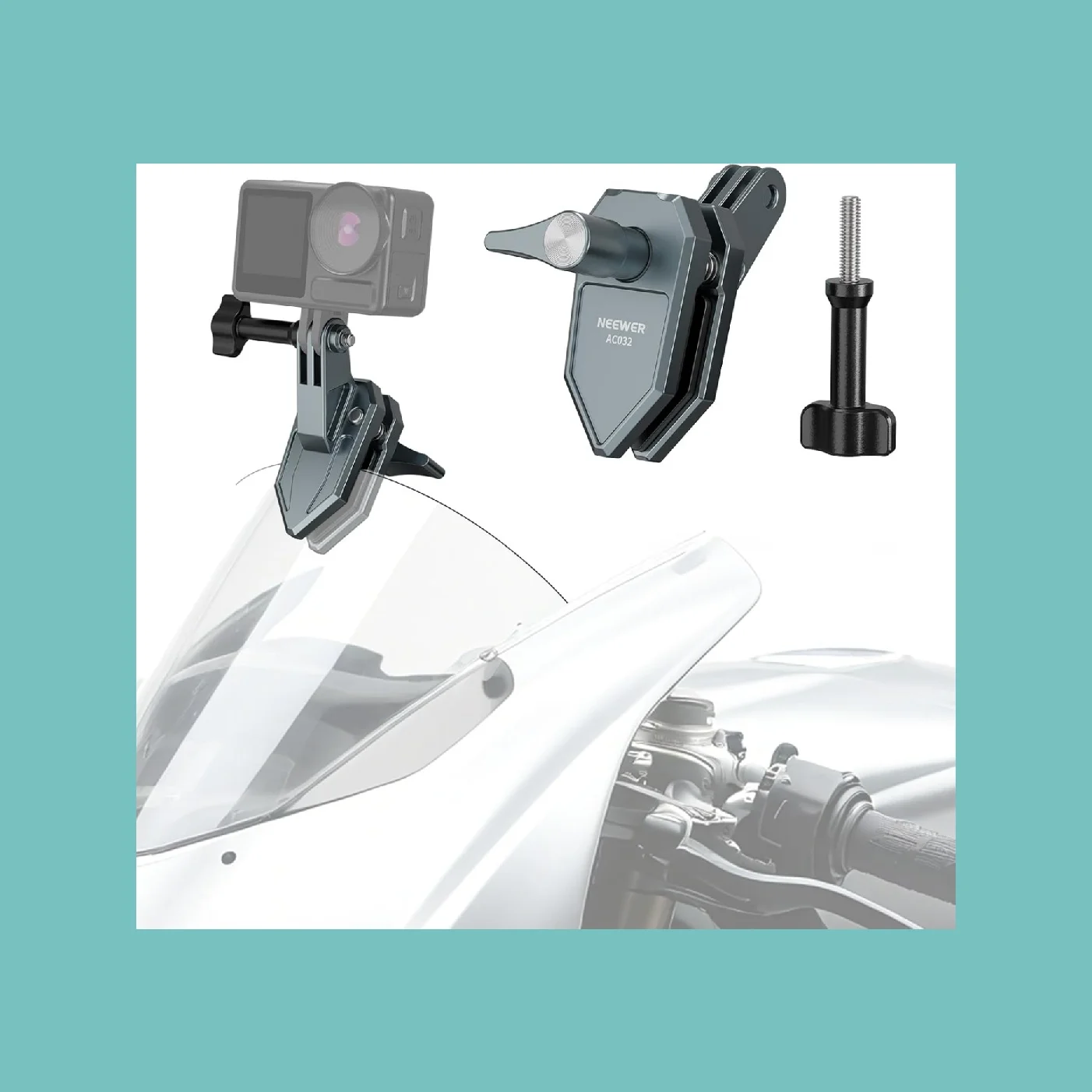 NEEWER Motorcycle Windshield Camera Clamp Mount Aluminum, 3 Prong Adapter 1/4