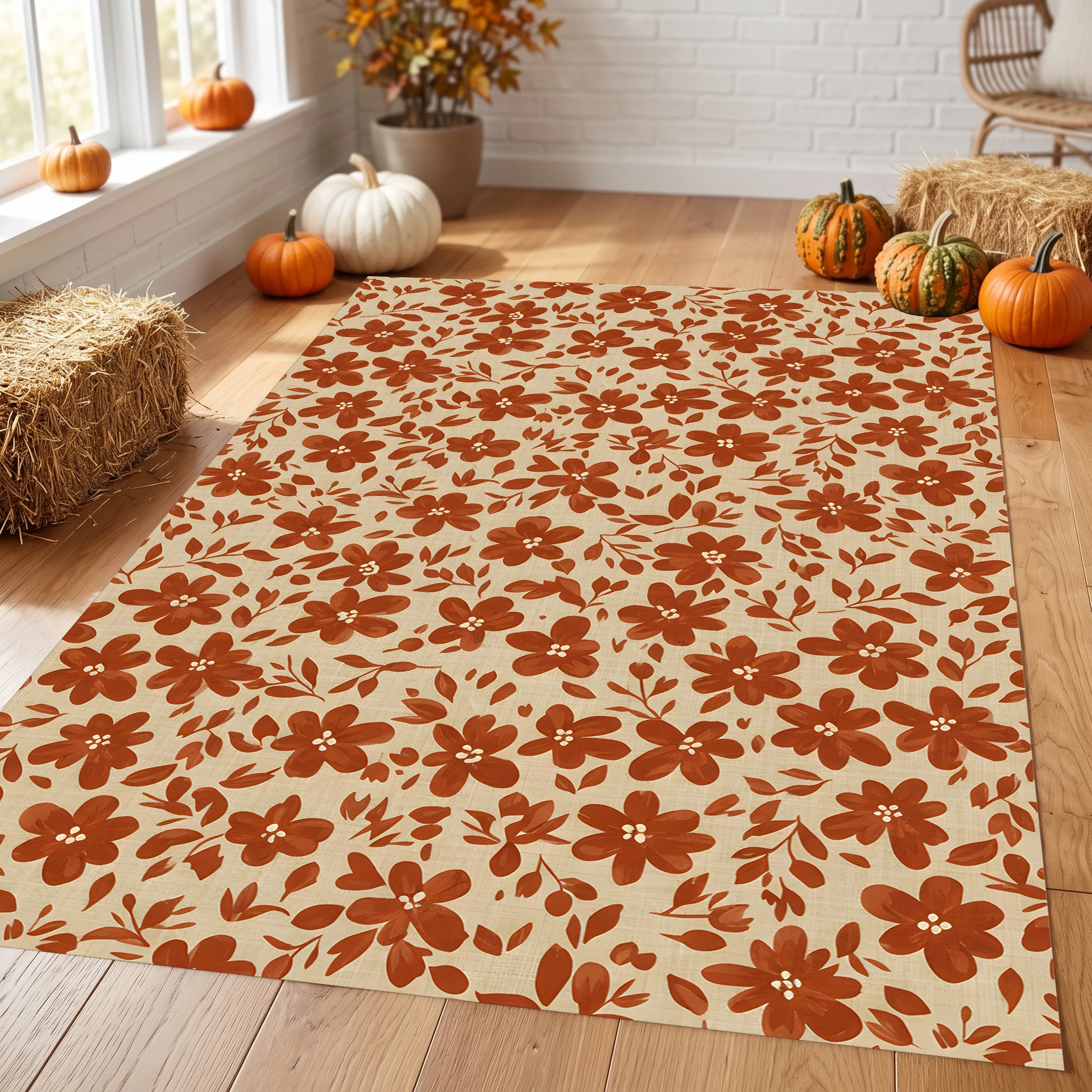 Velvet Rug All over Caramel Small Floral Retro Pastoral for Bedroom Living Room Home Decor