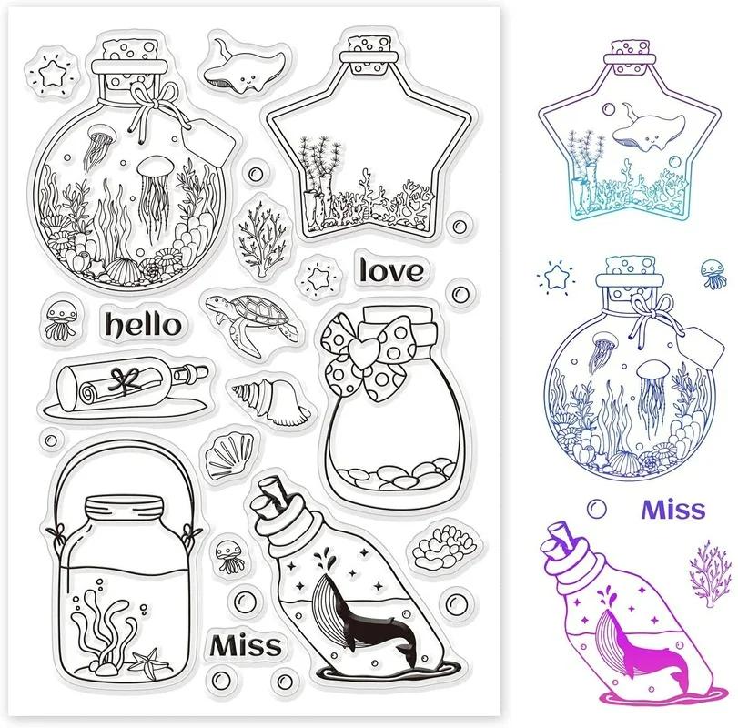 1PC Ocean Theme Wishing Bottle/Christmas/Flowers Clear Stamps Jellyfish Whale Seaweed Stamps Silicone Stamp Transparent Stamp