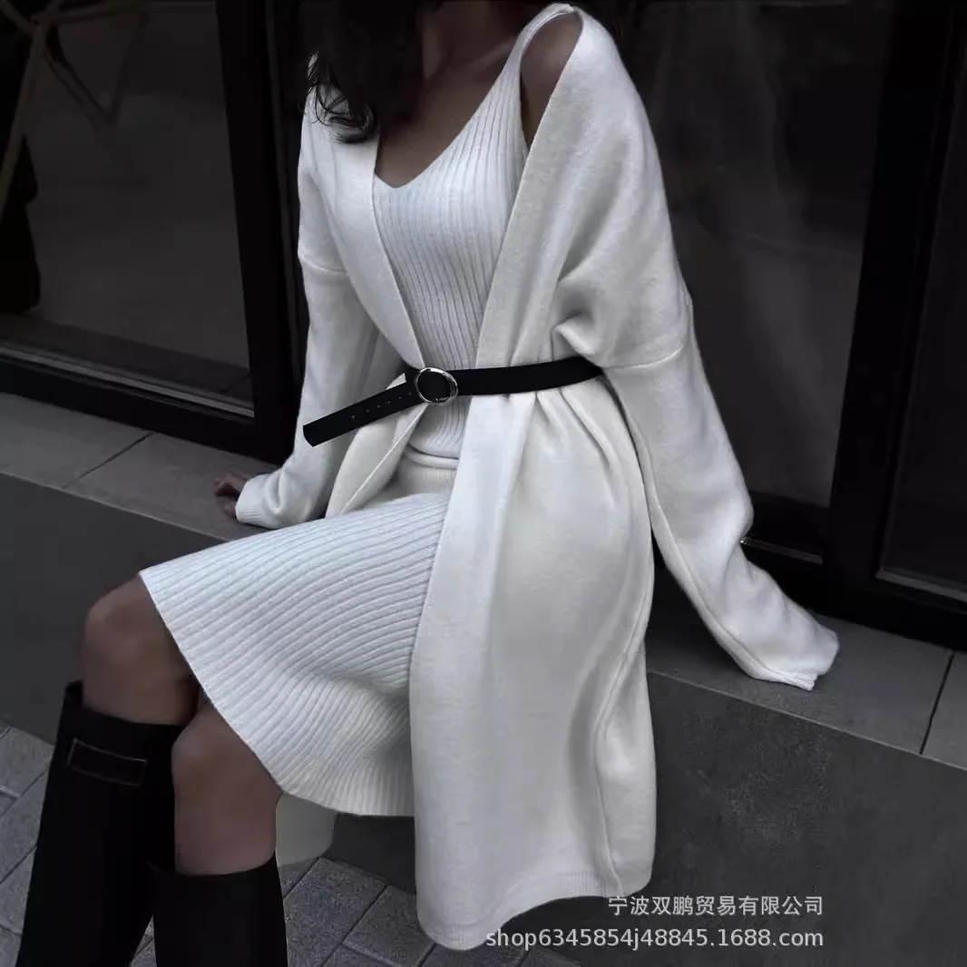 

2025 New Solid Color V-Neck Pullover Dress Sweater Cardigan Hot Sale Elegant Knit Set