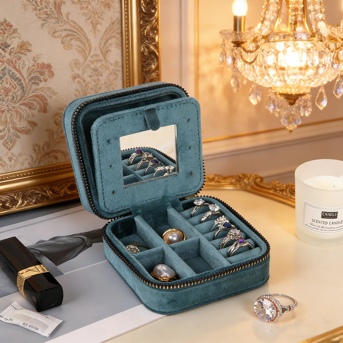 

Velvet Rhombus Jewelry Box with Mirror Portable Travel Organizer for Women Earrings Rings Necklaces Storage Display Case