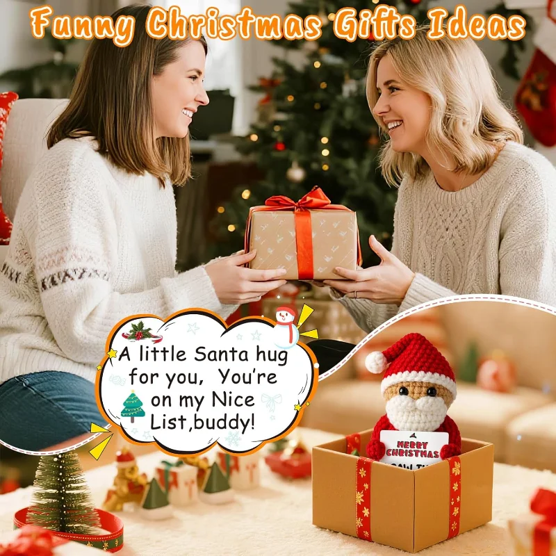 Santa Claus Rajutan Tangan Natal dengan Kartu, Hadiah Natal Lucu untuk Rekan Kerja, White Elephant, Ide Hadiah untuk di dalam Stoking Natal