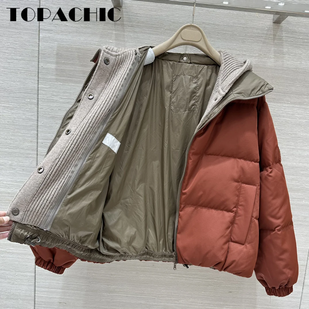 9.1 TOPACHIC-Women Bead Chain Hooded Knit Spliced Fake Two Pieces Long Sleeve Down Jacket Hat Detachable Zipper Thick Down Coat