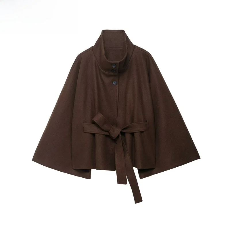 

Faionable Loose Long Sve Stand Collar Woolen Coat with Belt Autumn New Arrival Women's Street Sle Straight Cut Polyester