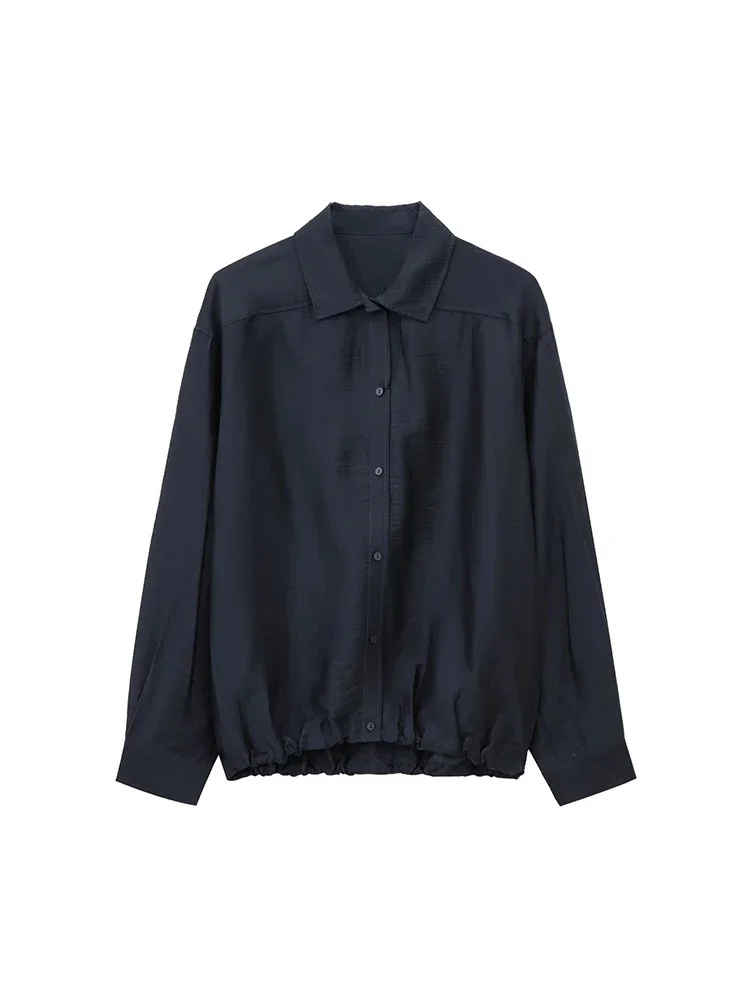 Willshela Women Fashion Navy Blue Pleated Single Breasted Blouse Vintage Lapel Neck Long Sleeves Female Chic Lady Shirts