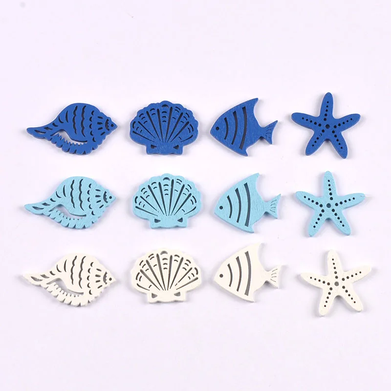 25 sztuk 3cm Mix seria oceaniczna niebieskie plastry drewna rzemiosło Scrapbooking niedokończone drewniane ozdoby DIY dekoracja wnętrz ozdoby