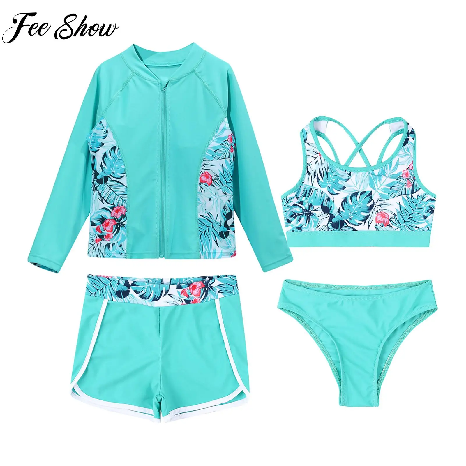 

4PCS Kids Printed Swimwear Set Outerwear with Sleeveless Crop Top And Briefs Shorts Outfit for Swimming Beach Pool Bathing