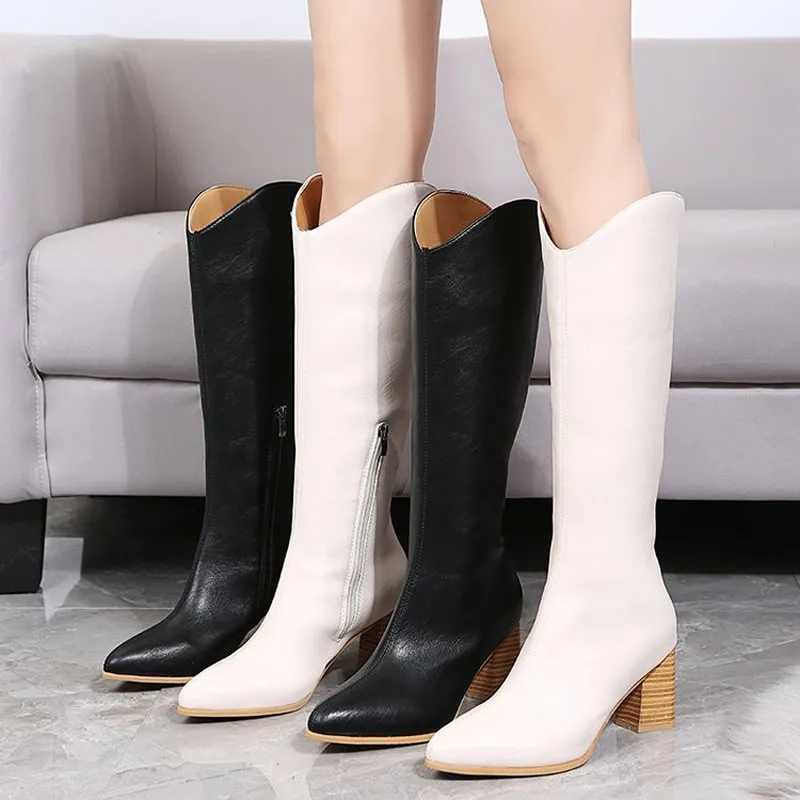 2024 New Women Beige High Heels Wedges Long Boots Ladies Riding Cowboy Boots Autumn Pointed Toe Knee-High Boots Female Shoes