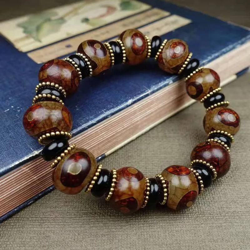 

Natural Tibetan Agate Three Eye Abacus Beads with Tibetan Silver Spacer Bracelet for Men and Women