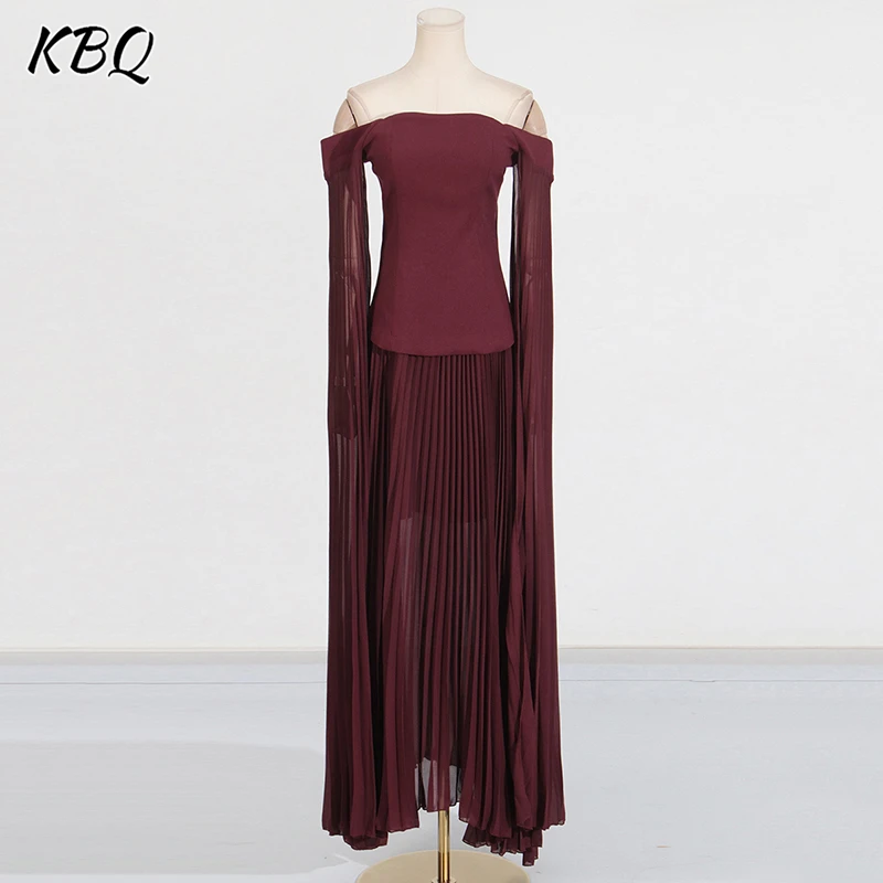 

KBQ Elegant Solid Slim Two Piese Set For Women Slash Neck Sleeveless Top High Waist Patchwork Folds Mesh Skirt Sets Female New