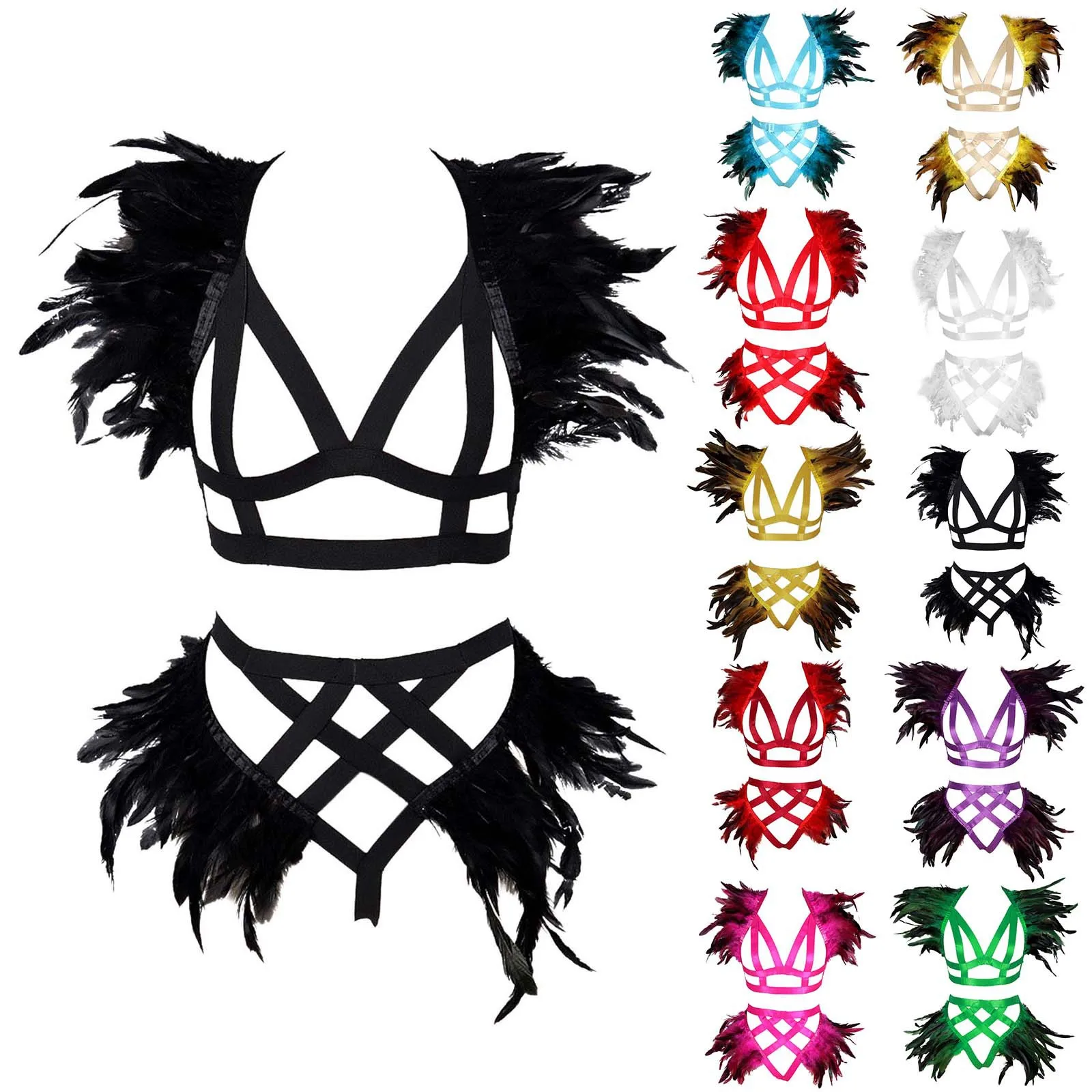 Gothic Feather Harness Clothes Accessories Black Neck Collar Sexy Lingerie Cage Bra Dance Exaggerate Feather Body Harness Wing