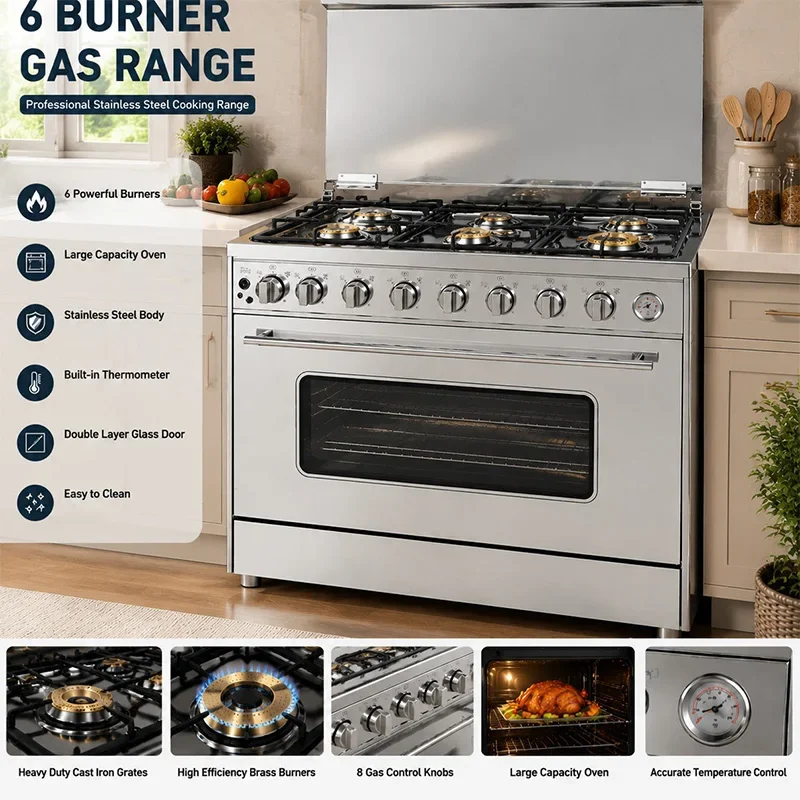 Gas Stove and Oven Combo 6-Burner Stainless Steel Gas Stove, Freestanding Household Stove, 8 Heat Control Knobs(Customized)