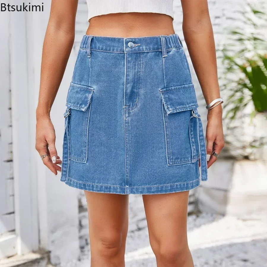 

2025 Women's Stretchy Waist Cargo Skirt High Waist Streetwear Button Mini Jeans Skirt Cute Short Denim Skirt With Pockets Dress
