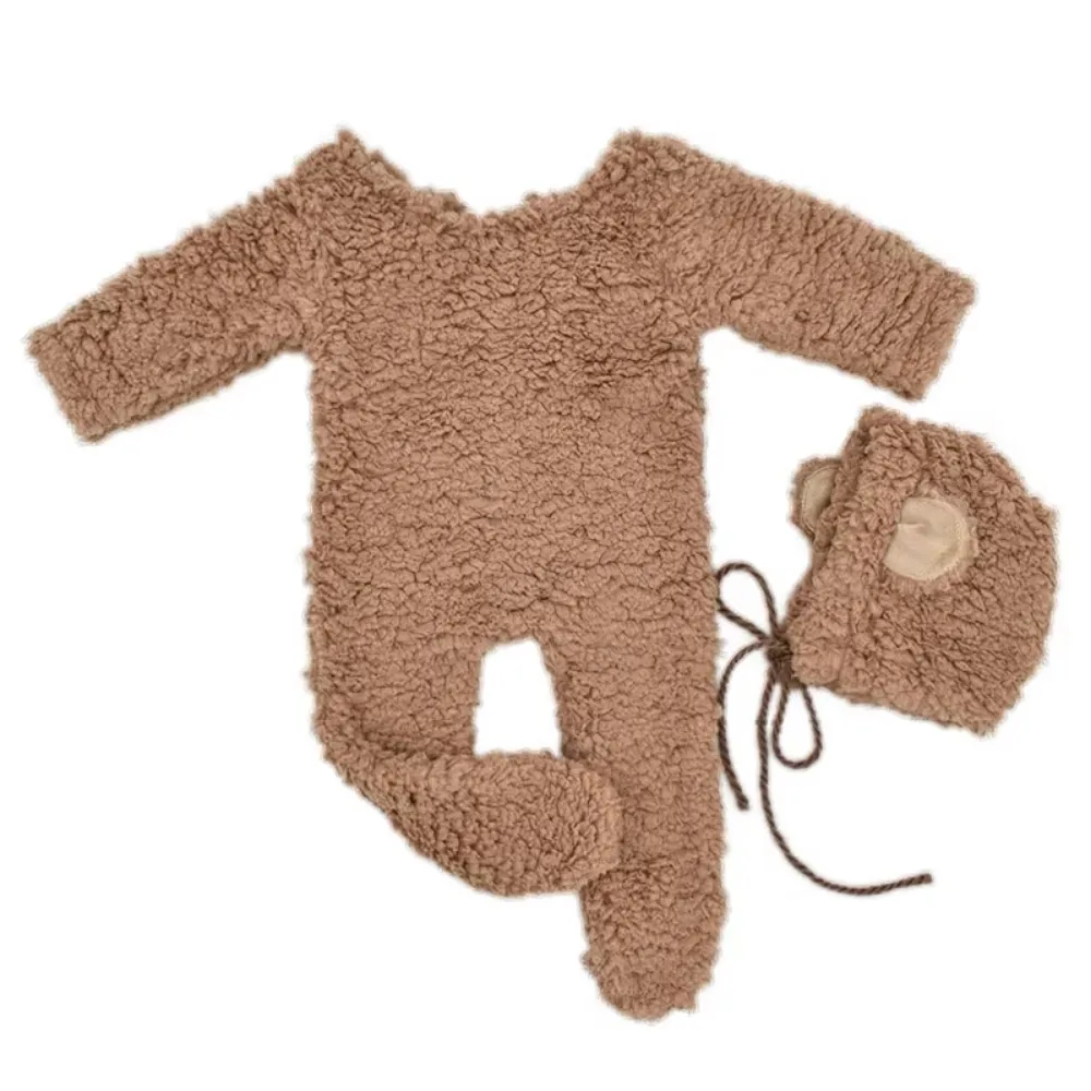 

Creative Newborn Photography Props Bear Design Plush Newborn Bear Bonnet and Pajama Set Footed Romper Soft Knit