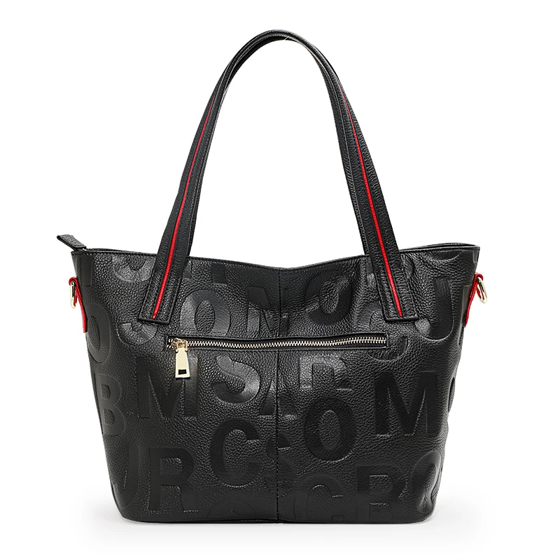 Aidrani Fashion letter women\'s handbag, made of cowhide material, black, large capacity