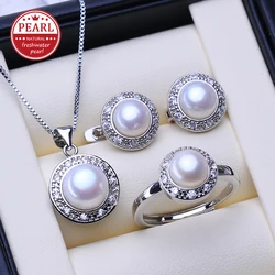 FENASY 925 Sterling Silver Pendant Necklace Natural Pearl Jewelry Sets For Women Classic Stud Earrings Fashion Party Rings