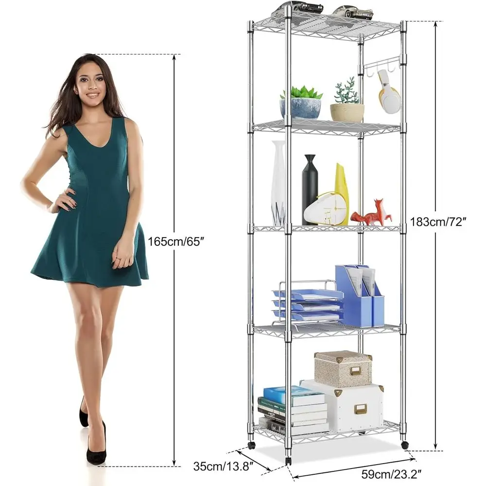 Mobile 5-Tier Chrome Steel Shelving Unit for Garage, Kitchen, Living Room - Heavy Duty Rack, 23.2L x 13.8W x 72H