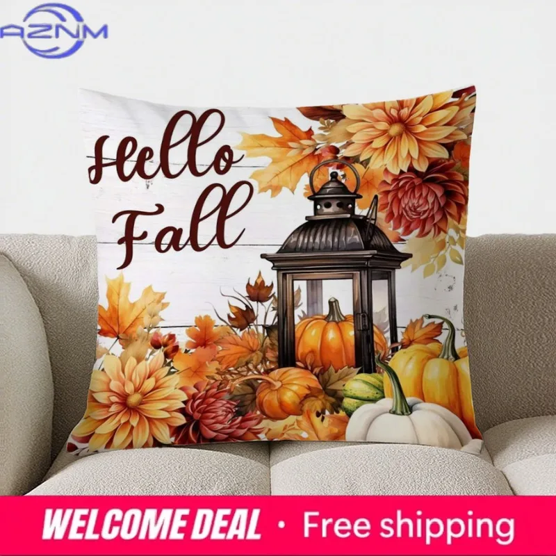 Home Decor Hello Fall: Lantern & Autumn Floral Pillow Pattern Cushion Cover Suitable for Sofa Bedroom Car Pillow Cover
