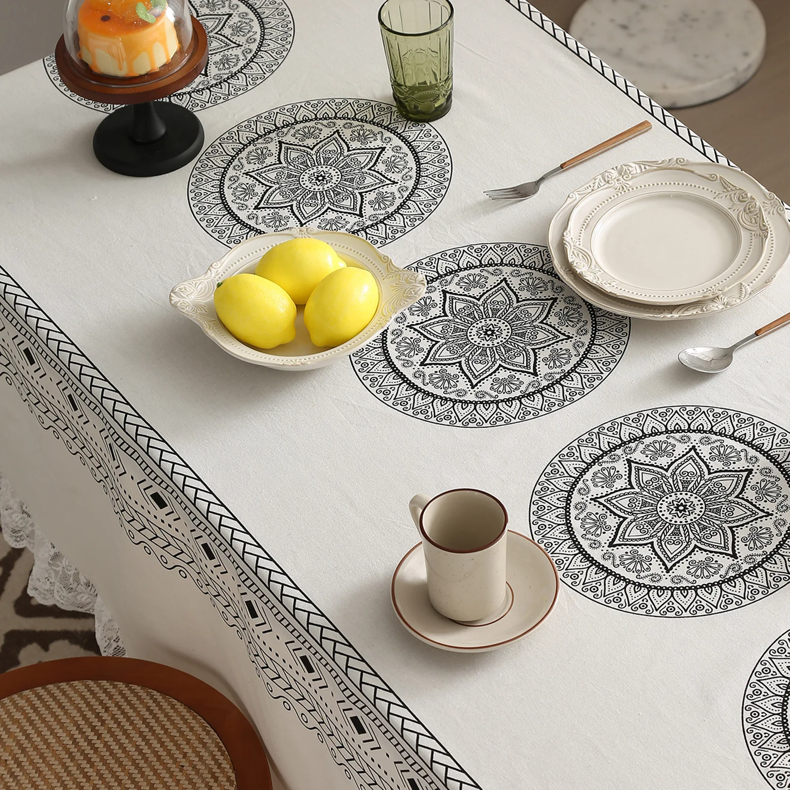 Mantel de algodón con bordes de encaje bohemios, impermeable, lavable, decoración para mesa de té y comedor