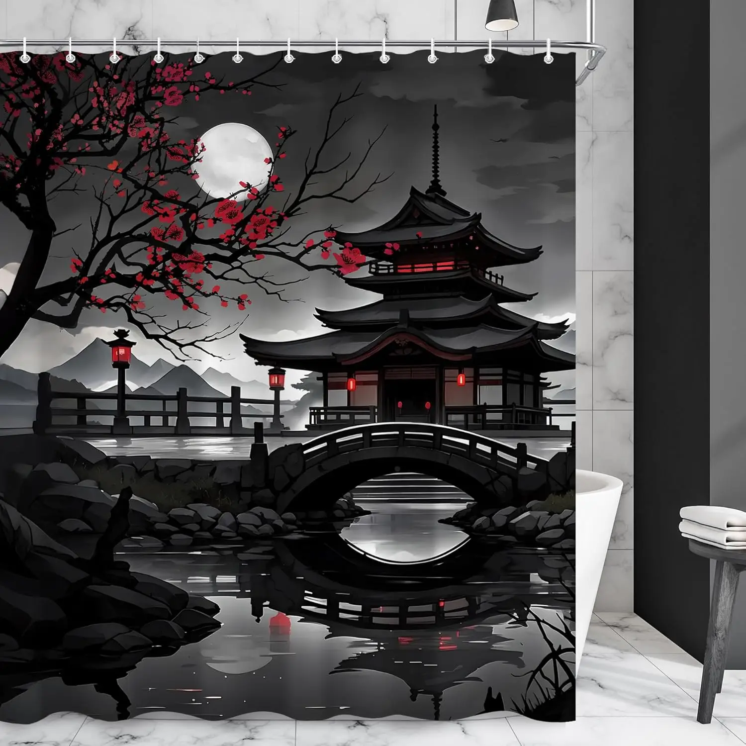

Японские черные, красные наборы занавесок для душа для ванной комнаты, аниме, занавеска для душа в полнолуние, вишневый храм, занавеска для ванны, красная
