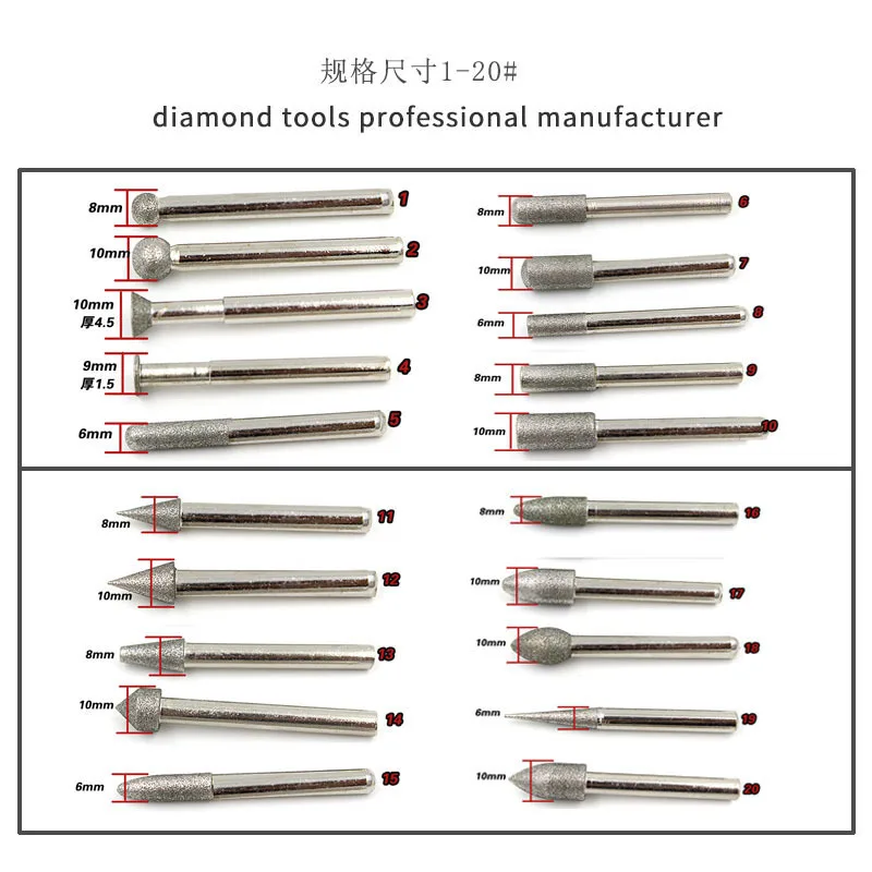 20 Stuks Shank Dia 6Mm Diamantpuntset Gemonteerde Punten Slijpen Bramen Die Grinder Carving Router Bit