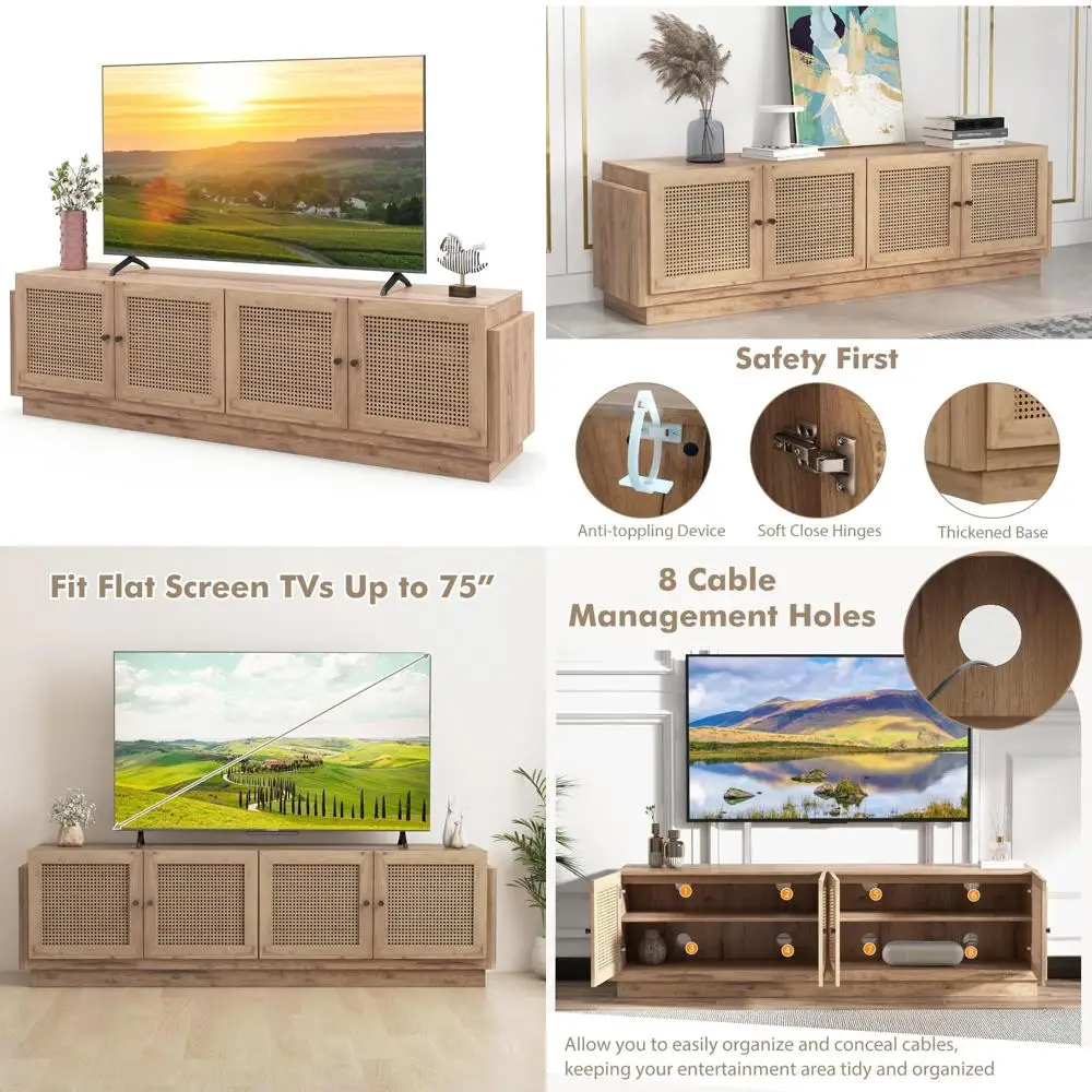 

Farmhouse Style TV Stand for 75-Inch TVs, Wicker Entertainment Center with Storage and Adjustable Shelves
