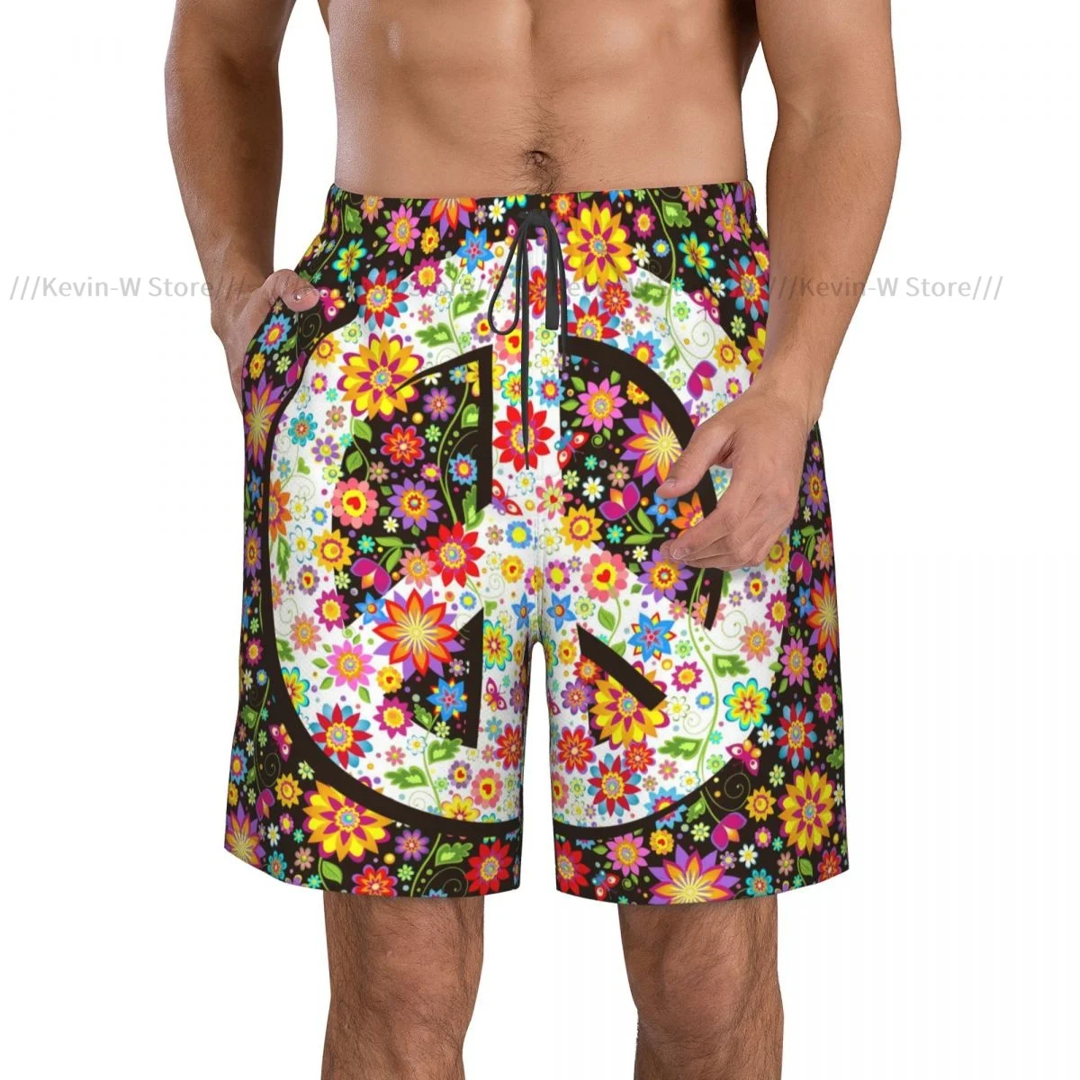 Swimwear Mens Swim Shorts Beach Swimming Trunks For Man Hippie Flowers Peace Symbol Swimsuit Surf Board Bathing Suit