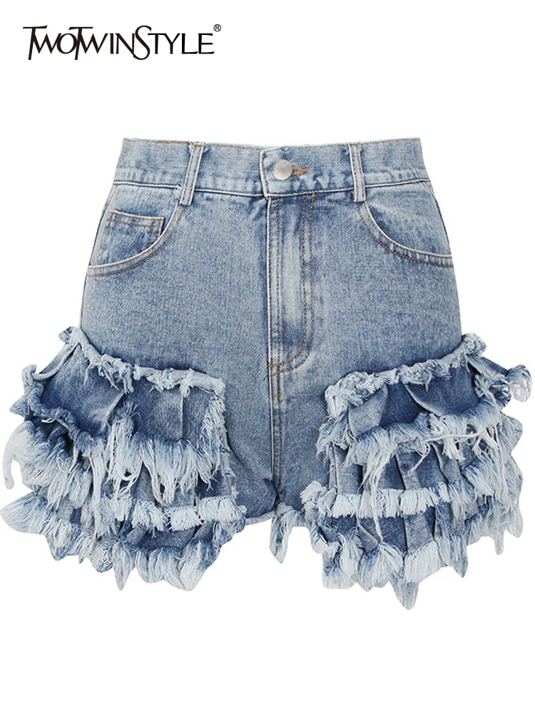 

TWOTWINSTYLE Patchwork Raw Hem Short Pants For Women High Waist Solid Streetwear Denim Shorts Female Summer Clothing Fashion New