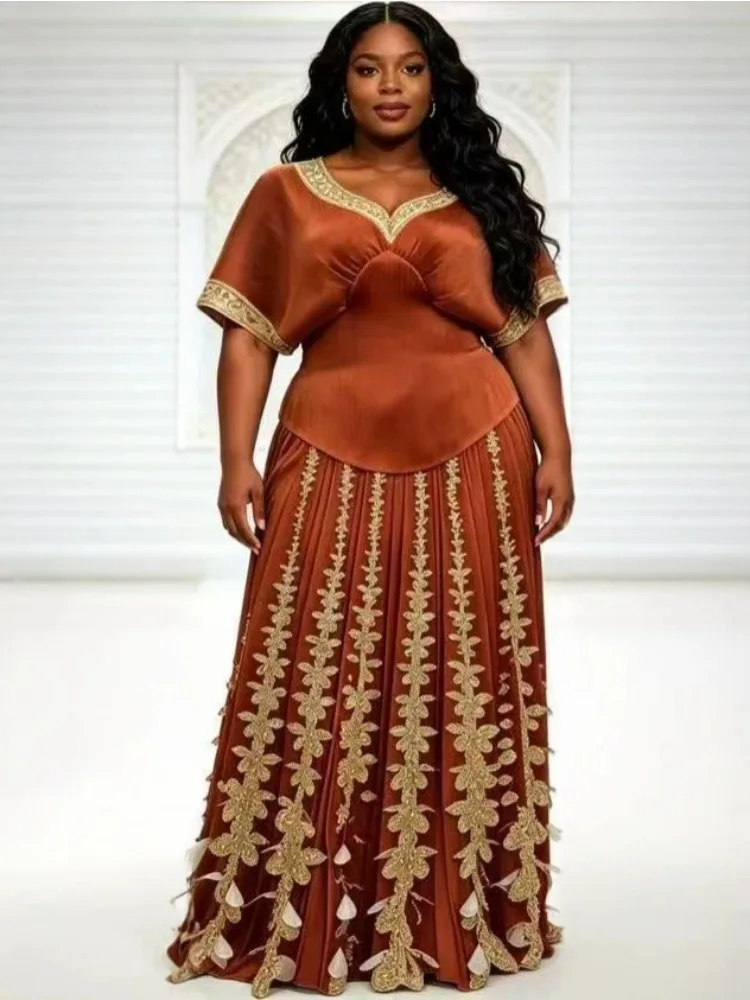 

Miyake Pleated African Loose V-neck Bat Sleeve Set Fashion Patch Bronzing Temperament Loose Skirt Two-piece Set Female