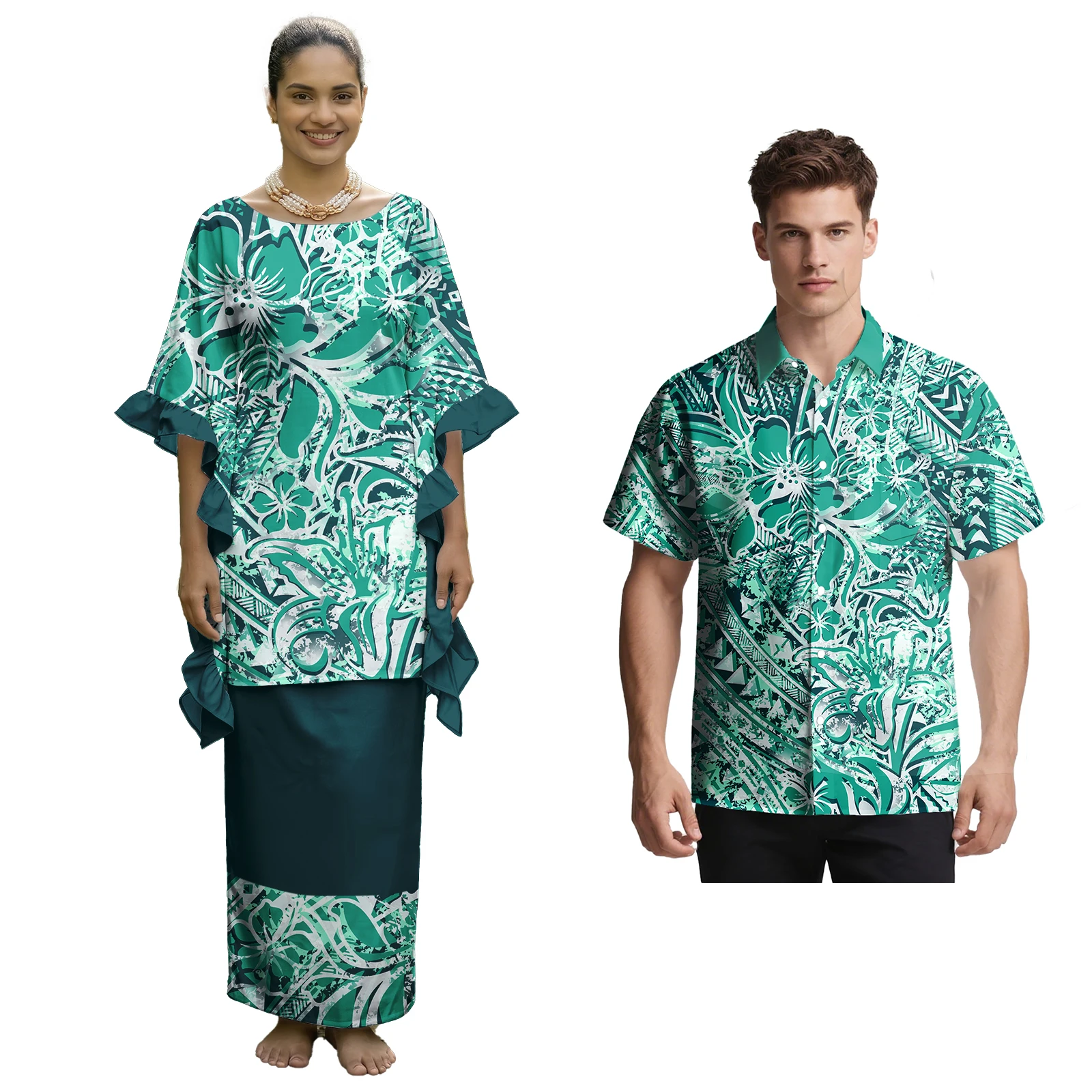 Popular Cozy Hawaii Print Men Beach Shirts Polynesian Tribal Design Plus Size Couple of Set Crewneck Samoan Puletasi for Ladies