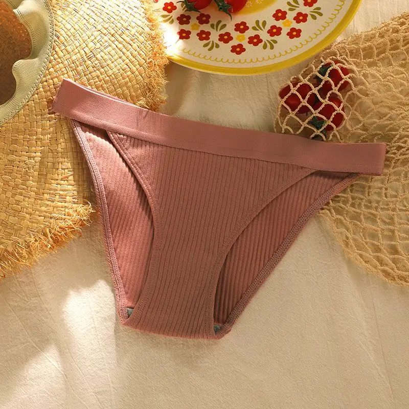 3PC Women Cotton Panties Solid Color Briefs Ladies Breathable Comfortable Striped Underwear