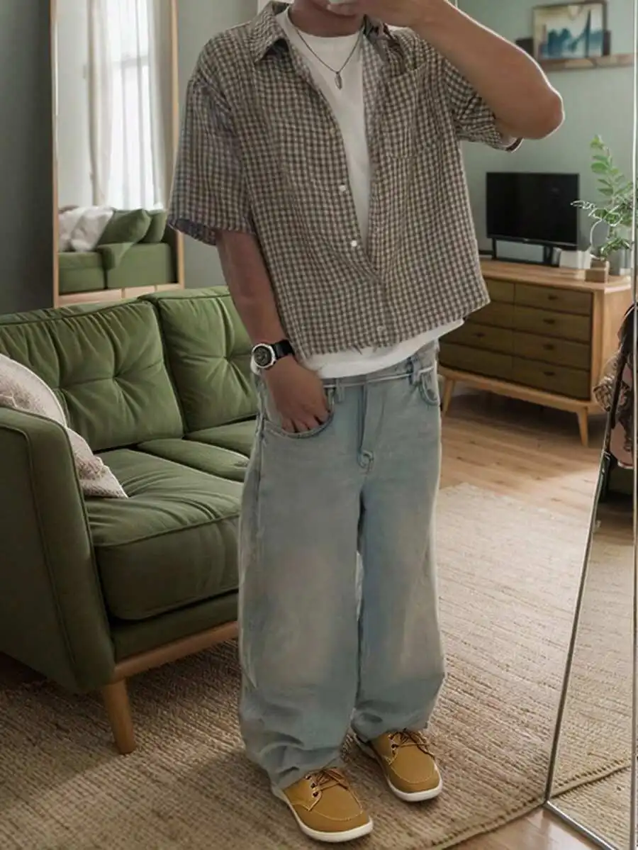 

Men's Casual Plaid Button-Front Loose Short Sleeve Shirt for Summer