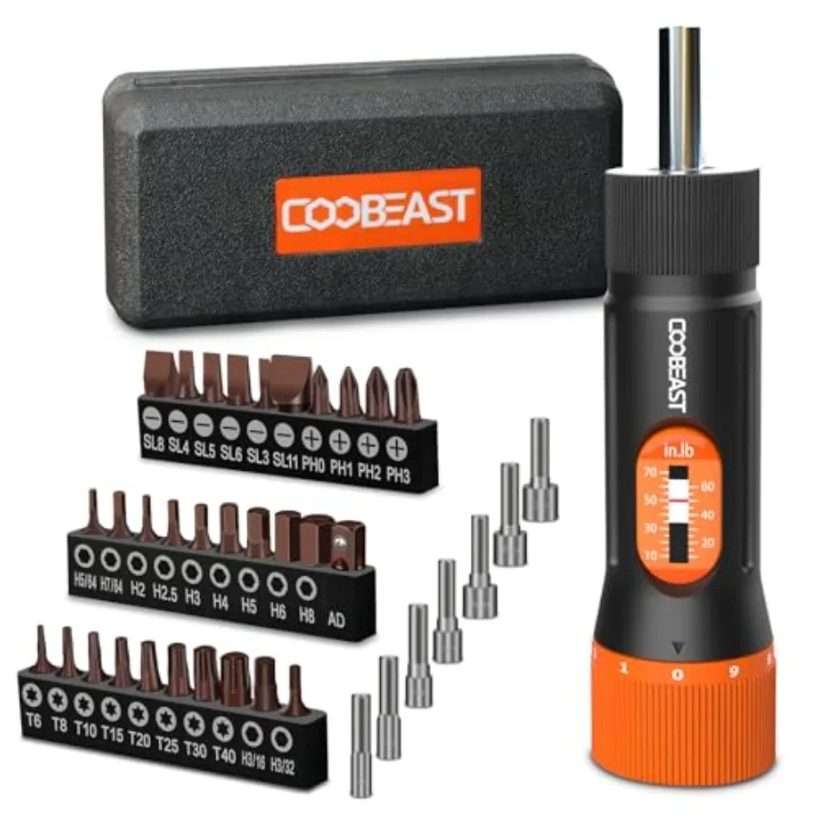 

Torque Screwdriver, Gifts for Men Torque Wrench with Inch/Pounds Torque Range 10-70 In-lb, S2 Bits, Sockets and Storage Case fo